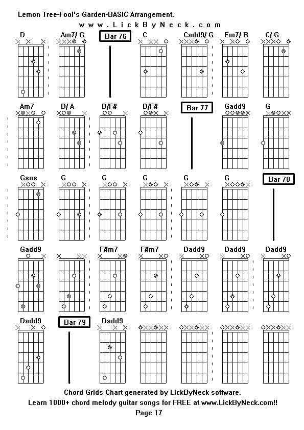 Chord Grids Chart of chord melody fingerstyle guitar song-Lemon Tree-Fool's Garden-BASIC Arrangement,generated by LickByNeck software.